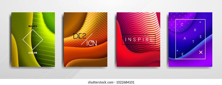 Abstract Fluid creative templates, cards, color covers set. Geometric design, liquids, shapes. Trendy vector collection.
