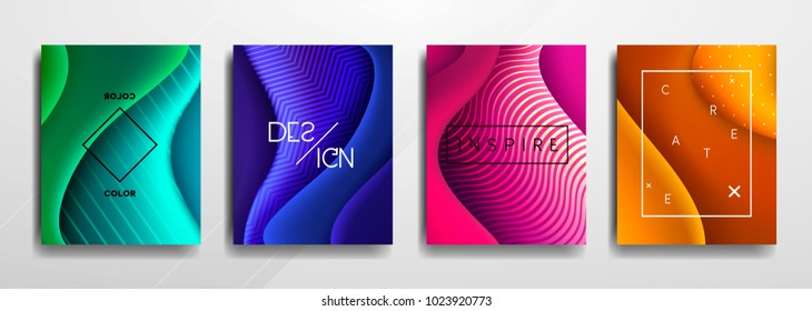 Abstract Fluid creative templates, cards, color covers set. Geometric design, liquids, shapes. Trendy vector collection.