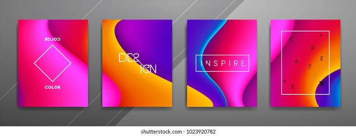 Abstract Fluid creative templates, cards, color covers set. Geometric design, liquids, shapes. Trendy vector collection.