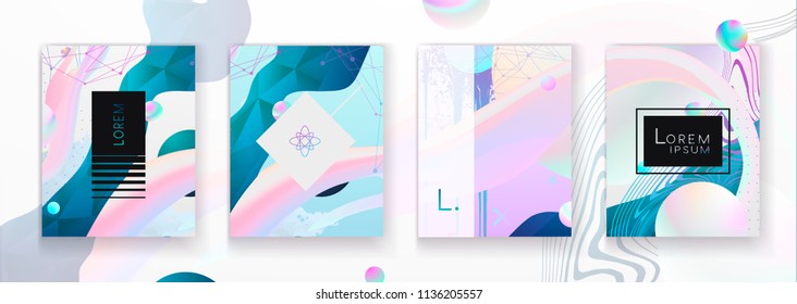 Lista de plantillas creativas, tarjetas, portadas de color de fluido abstracto. Diseño geométrico, líquidos, formas. Colección vectorial de moda.