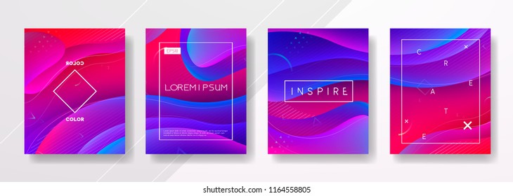 Abstrakte Fluid kreative Vorlagen, Karten, Farbhüllen Set. Geometrisches Design, Flüssigkeiten, Formen. Trendy Vektorgrafik. Pastellfarben und Neondesign, geometrische, fließende grafische Form, Vektorhintergrund.