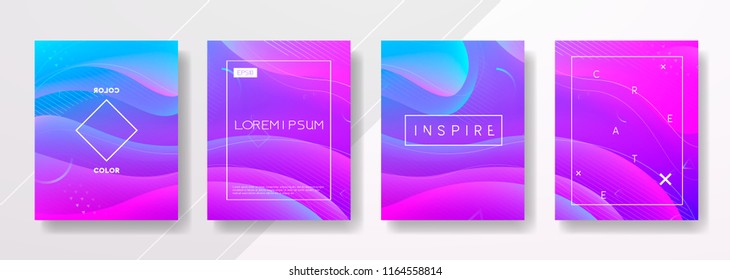 Abstract Fluid creative templates, cards, color covers set. Geometric design, liquids, shapes. Trendy vector collection. Pastel and neon design, geometric fluid graphic shape, vector background.