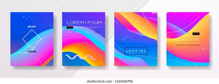 Abstract Fluid creative templates, cards, color covers set. Geometric design, liquids, shapes. Trendy vector collection. Pastel and neon design, geometric fluid graphic shape, vector background.