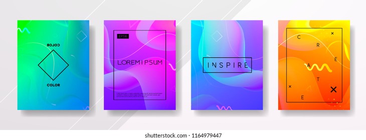 Abstract Fluid creative templates, cards, color covers set. Geometric design, liquids, shapes. Trendy vector collection. Pastel and neon design, geometric fluid graphic shape, vector background.