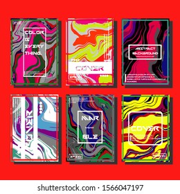 Abstract Fluid creative templates, cards, color covers set. Geometric design, liquids, shapes. Trendy vector collection.