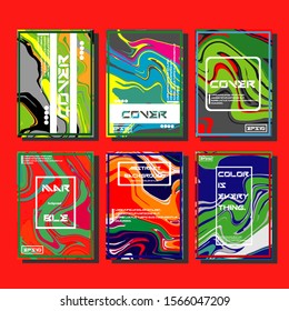 Abstract Fluid creative templates, cards, color covers set. Geometric design, liquids, shapes. Trendy vector collection.
