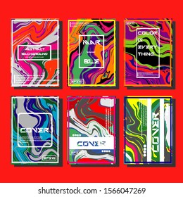 Abstract Fluid creative templates, cards, color covers set. Geometric design, liquids, shapes. Trendy vector collection.