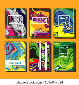 Abstract Fluid creative templates, cards, color covers set. Geometric design, liquids, shapes. Trendy vector collection.