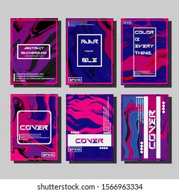 Abstract Fluid creative templates, cards, color covers set. Geometric design, liquids, shapes. Trendy vector collection.