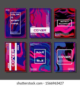 Abstract Fluid creative templates, cards, color covers set. Geometric design, liquids, shapes. Trendy vector collection.