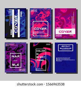 Abstract Fluid creative templates, cards, color covers set. Geometric design, liquids, shapes. Trendy vector collection.