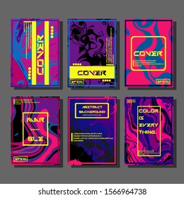 Abstract Fluid creative templates, cards, color covers set. Geometric design, liquids, shapes. Trendy vector collection.