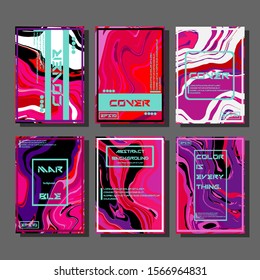 Abstract Fluid creative templates, cards, color covers set. Geometric design, liquids, shapes. Trendy vector collection.