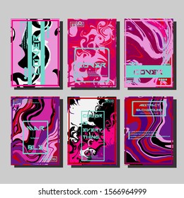 Abstract Fluid creative templates, cards, color covers set. Geometric design, liquids, shapes. Trendy vector collection.