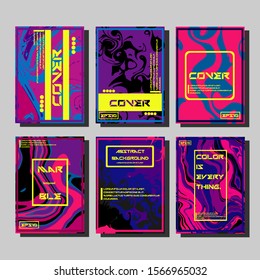 Abstract Fluid creative templates, cards, color covers set. Geometric design, liquids, shapes. Trendy vector collection.