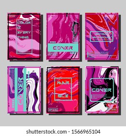 Abstract Fluid creative templates, cards, color covers set. Geometric design, liquids, shapes. Trendy vector collection.