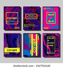 Abstract Fluid creative templates, cards, color covers set. Geometric design, liquids, shapes. Trendy vector collection.