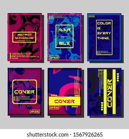Abstract Fluid creative templates, cards, color covers set. Geometric design, liquids, shapes. Trendy vector collection.