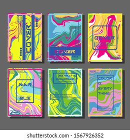 Abstract Fluid creative templates, cards, color covers set. Geometric design, liquids, shapes. Trendy vector collection.