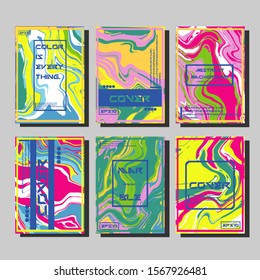 Abstract Fluid creative templates, cards, color covers set. Geometric design, liquids, shapes. Trendy vector collection.