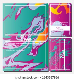 Lista de plantillas creativas, tarjetas, portadas de color de fluido abstracto. Diseño geométrico, líquidos, formas. Colección vectorial de moda.