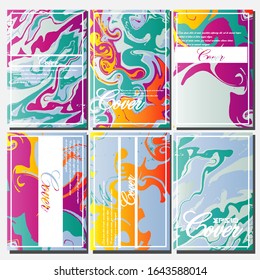 Lista de plantillas creativas, tarjetas, portadas de color de fluido abstracto. Diseño geométrico, líquidos, formas. Colección vectorial de moda.
