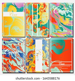Abstract Fluid creative templates, cards, color covers set. Geometric design, liquids, shapes. Trendy vector collection.