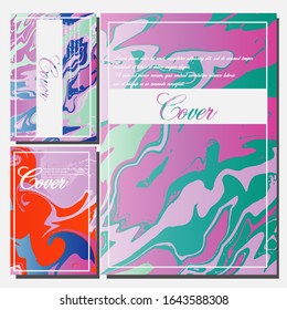 Lista de plantillas creativas, tarjetas, portadas de color de fluido abstracto. Diseño geométrico, líquidos, formas. Colección vectorial de moda.