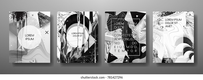 Abstract Fluid creative templates, cards, color covers set. Geometric design, liquids, shapes. Trendy vector collection.