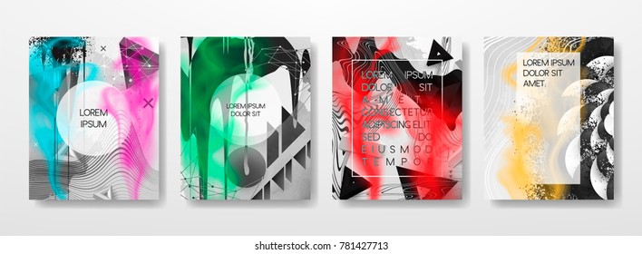 Abstract Fluid creative templates, cards, color covers set. Geometric design, liquids, shapes. Trendy vector collection.