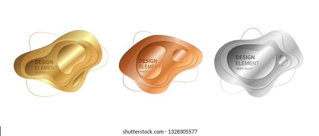 Abstract fluid design. Gold, silver, copper splash isolated on white background. Liquid shaped elements. Metal logo template