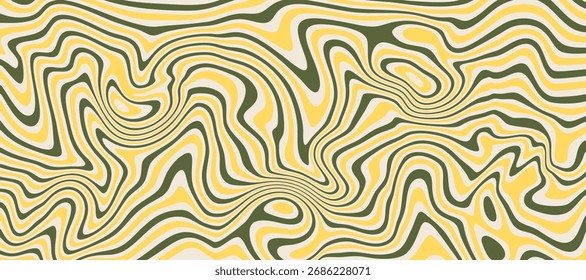 Padrão de distorção de fluido abstrato em tons terra. Um fundo líquido psicodélico com redemoinhos verde-oliva, amarelo e preto, semelhante a camuflagem ou mármore.