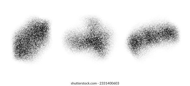 Abstract fluid dotted gradients stains. Noise grain texture shapes set. Black stippled spray splashes and sand dust spots. Dotwork elements and halftone splatter forms collection. Vector