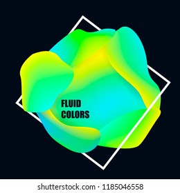 Abstract fluid form with gradient from yellow to blue colors on dark background. 3D Vector illustration of liquid shapes with white frame.