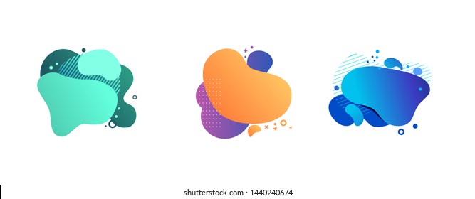 Abstract fluid form set. Orange, violet, cyan, blue hatched shapes. Flowing liquid, dynamical forms, overlays, hatched texture. Vector illustration for banner, poster, logo, cover design