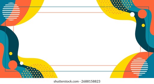 Fondo de marco de fluido Abstractas. Diseño moderno con Formas onduladas, puntos y líneas que bordean un centro blanco en Colores verde azulado, naranja y amarillo
