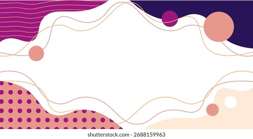 Fondo de marco de fluido Abstractas. Diseño moderno con Formas onduladas orgánicas, líneas delgadas, lunares y círculos que bordean un centro blanco en tonos púrpura y melocotón.