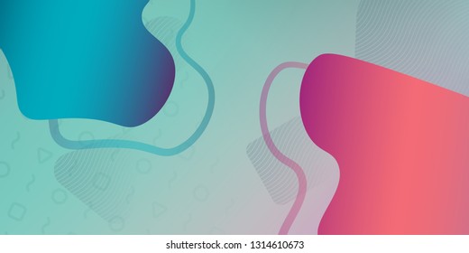 Abstract fluid geometric gradient colorful dynamic background with lines and hatched figures in green and coral colors