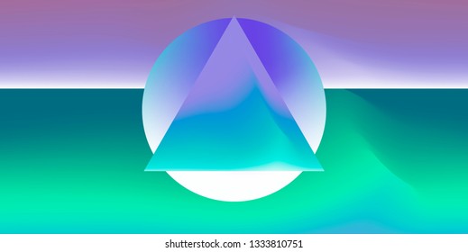 Abstract fluid gradient background with alchemic geometric composition, circle and triangle on horizon line.