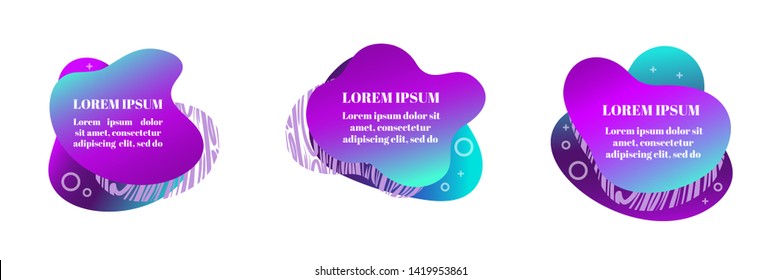 Abstract fluid gradiented shape set, trendy neon blue violet cyan colors. Useful as a design element for web banners, flyers. Isolated, white background, applicable for your text. Vector illustration.