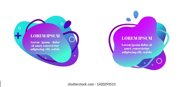 Abstract fluid gradiented shape set, trendy neon blue violet cyan colors. Useful as a design element for web banners, flyers. Isolated, white background, applicable for your text. Vector illustration.