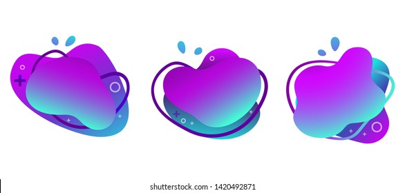 Abstract fluid gradiented shape set, trendy neon blue violet cyan colors. Useful as a design element for web banners, flyers. Isolated, white background, applicable for your text. Vector illustration.