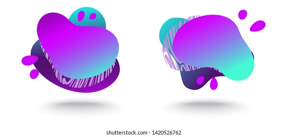 Abstract fluid gradiented shape set, trendy neon blue violet cyan colors. Useful as a design element for web banners, flyers. Isolated, white background, applicable for your text. Vector illustration.