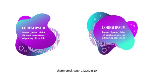 Abstract fluid gradiented shape set, trendy neon blue violet cyan colors. Useful as a design element for web banners, flyers. Isolated, white background, applicable for your text. Vector illustration.