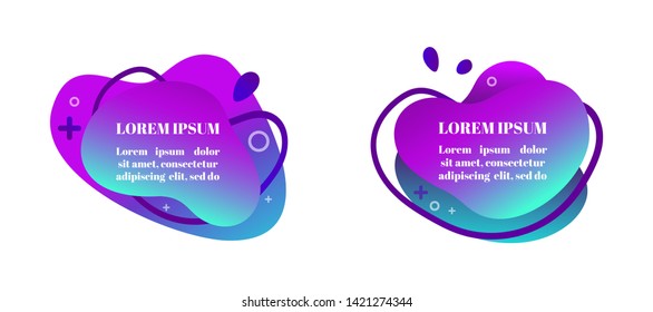 Abstract fluid gradiented shape set, trendy neon blue violet cyan colors. Useful as a design element for web banners, flyers. Isolated, white background, applicable for your text. Vector illustration.