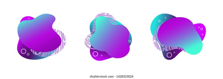 Abstract fluid gradiented shape set, trendy neon blue violet cyan colors. Useful as a design element for web banners, flyers. Isolated, white background, applicable for your text. Vector illustration.