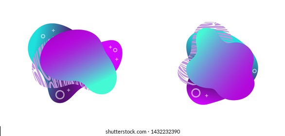 Abstract fluid gradiented shape set, trendy neon blue violet cyan colors. Useful as a design element for web banners, flyers. Isolated, white background, applicable for your text. Vector illustration.