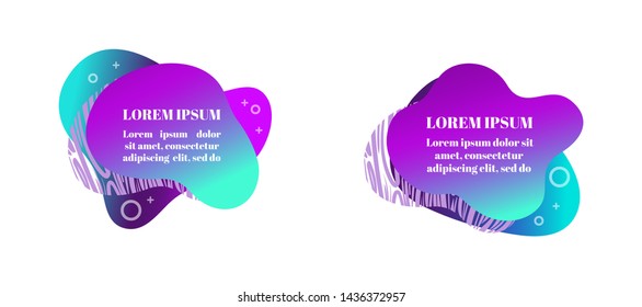 Abstract fluid gradiented shape set, trendy neon blue violet cyan colors. Useful as a design element for web banners, flyers. Isolated, white background, applicable for your text. Vector illustration.