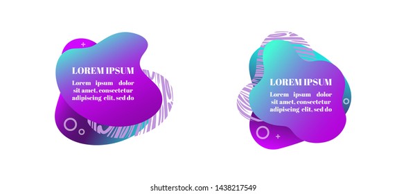 Abstract fluid gradiented shape set, trendy neon blue violet cyan colors. Useful as a design element for web banners, flyers. Isolated, white background, applicable for your text. Vector illustration.