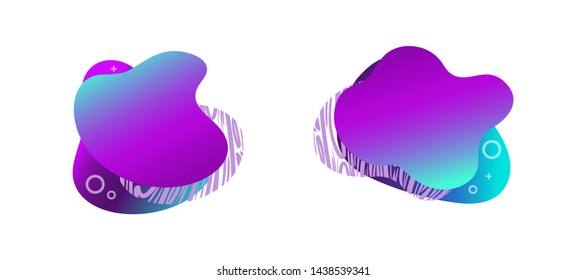 Abstract fluid gradiented shape set, trendy neon blue violet cyan colors. Useful as a design element for web banners, flyers. Isolated, white background, applicable for your text. Vector illustration.